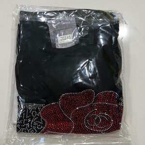 NWT- Shi by JOURNEYS Black Top with Red and Silver Design